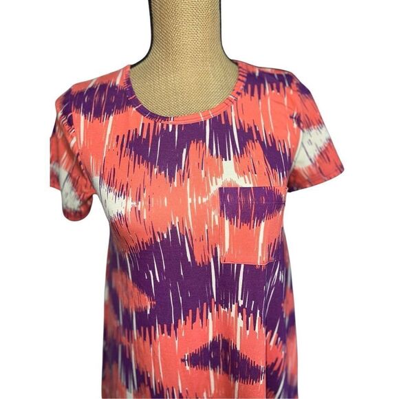 LulaRoe Carly Swing Dress Size XXS Ikat Abstract Pattern Coral Purple High-Low - Picture 3 of 11